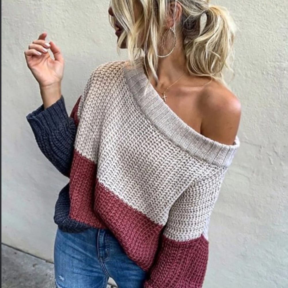 Off the Shoulder Oversized Color Block Sweater
